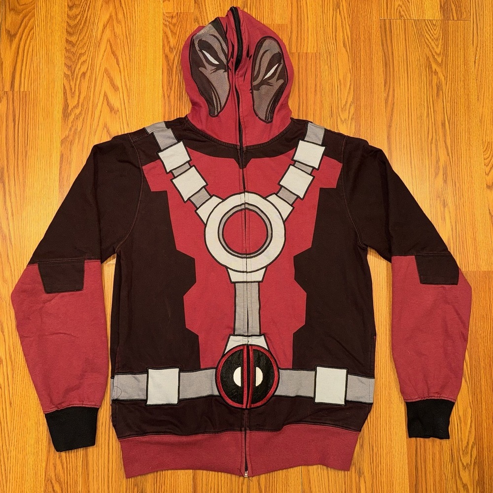 Marvel Men Sweatshirt M Red Deadpool Body Armor Graphic Hoodie Mask Full Zip